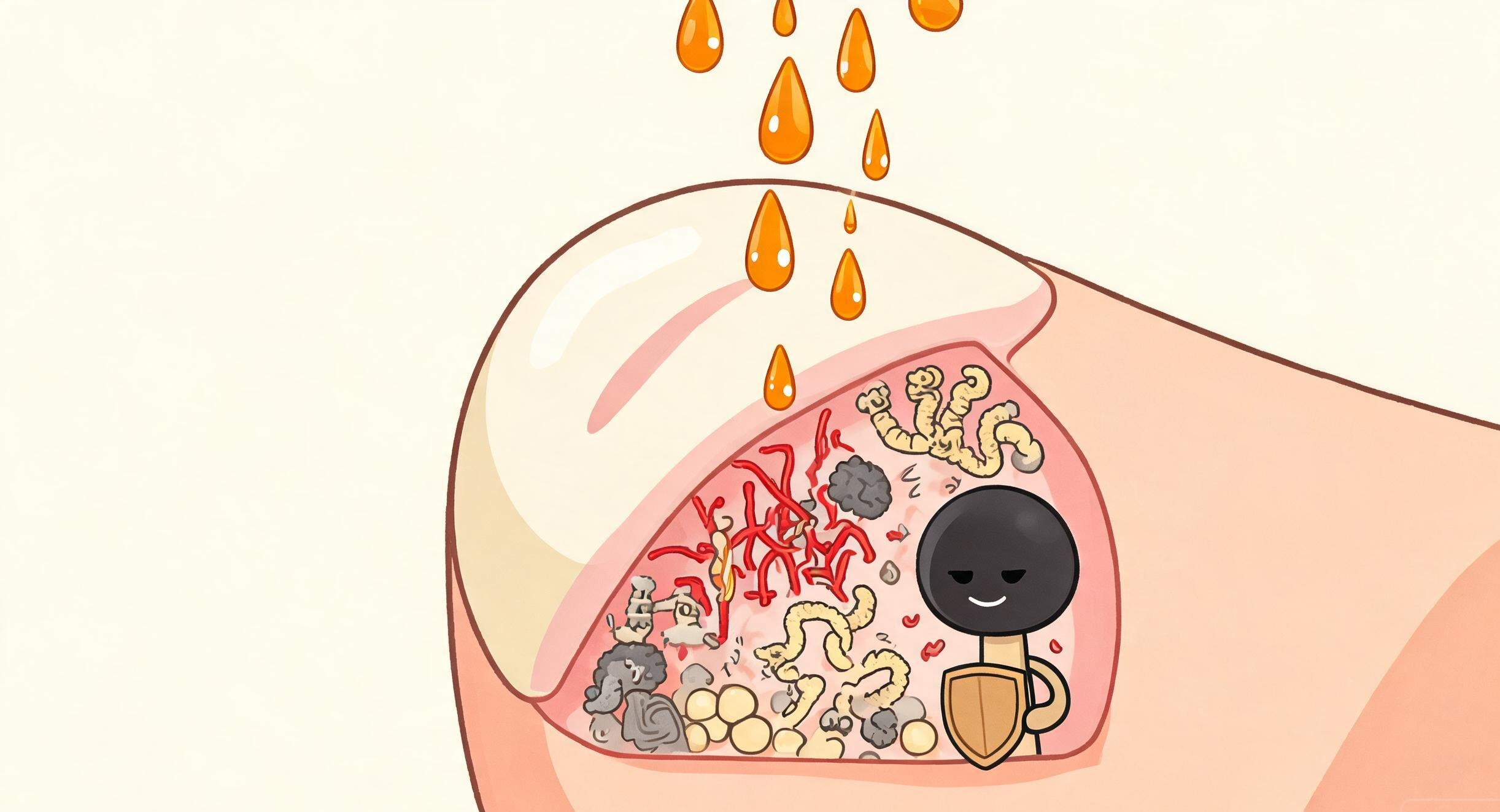 Cartoon cross-section of a toenail with golden iodine droplets falling on cartoon fungi; a black spore-headed mold stands firm behind a small shield