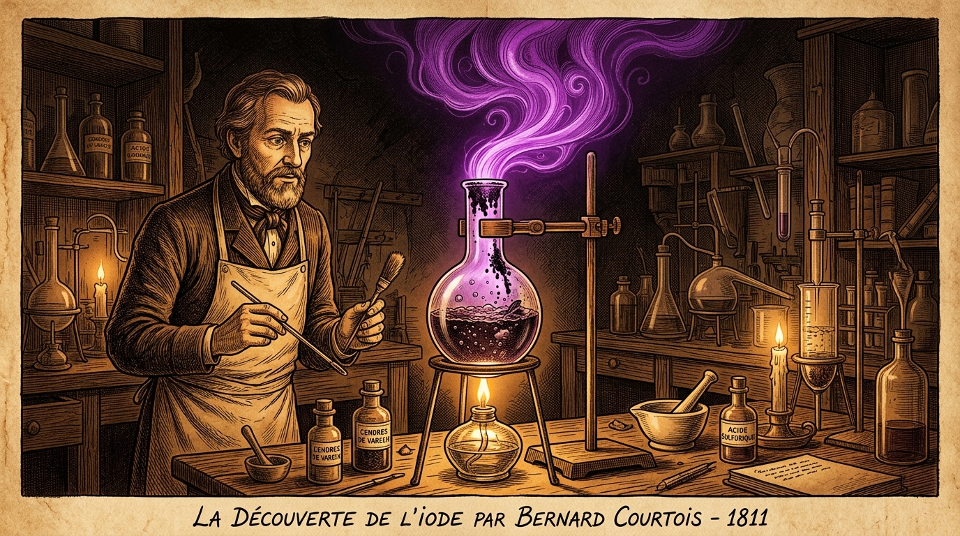 Bernard Courtois discovering iodine — violet vapor rising from a flask, 1811