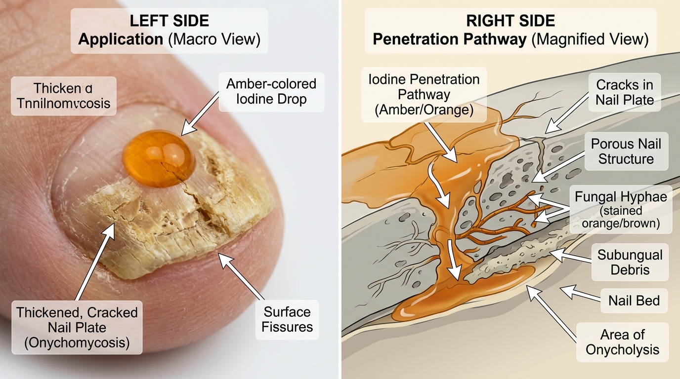 Iodine penetrating nail cracks