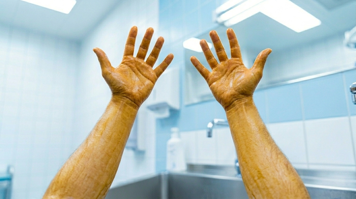 Modern surgeon performing surgical scrub with iodine
