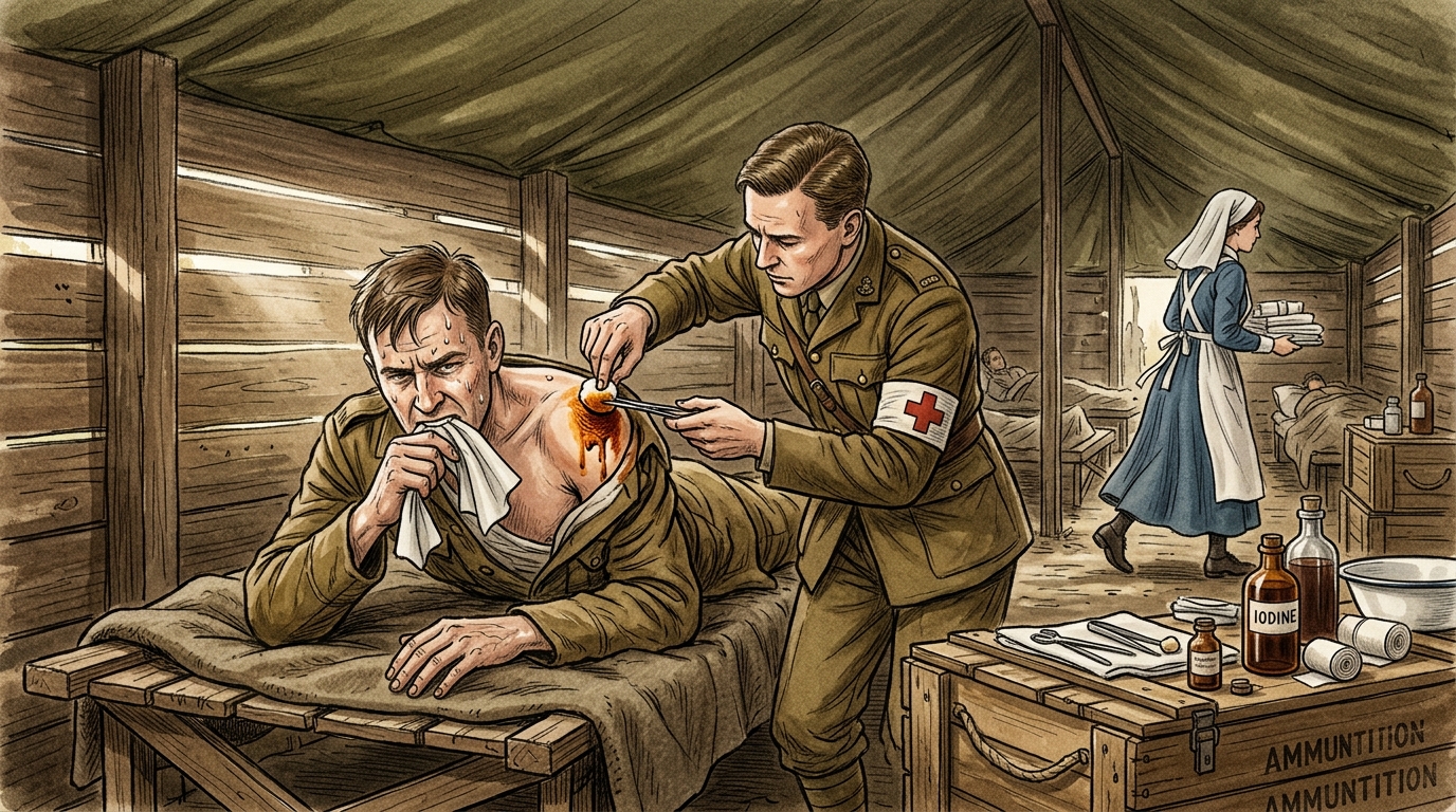 WWI field hospital — iodine being applied to a soldier's wound